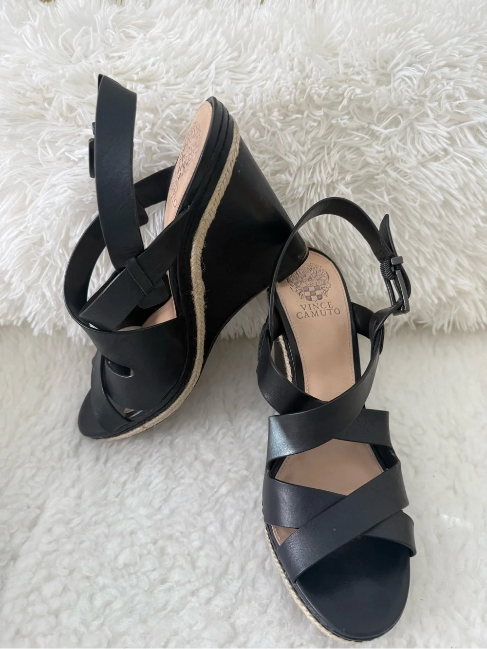Vince Camuto Black Leather Crisscross Espadrille Wedge Sandals